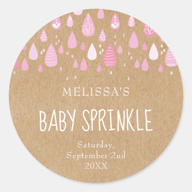 Rustic kraft baby pink raindrops baby sprinkle classic round sticker (Front)
