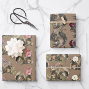 Rustic Kraft Baby Squirrels Dressed For A Party Wrapping Paper Sheet