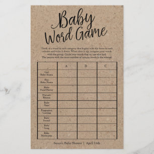 Rustic Kraft Baby Word Game Shower Paper Game Card
