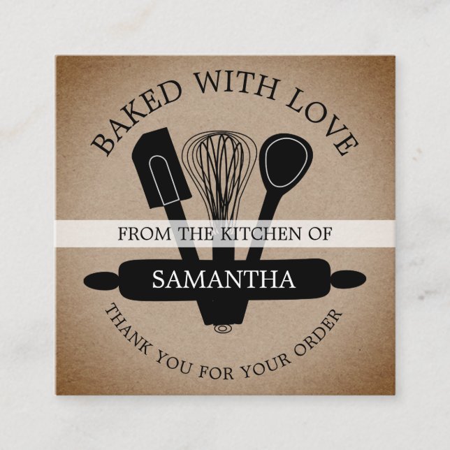 Rustic Kraft Baked With Love Order Thank You   Square Business Card (Front)