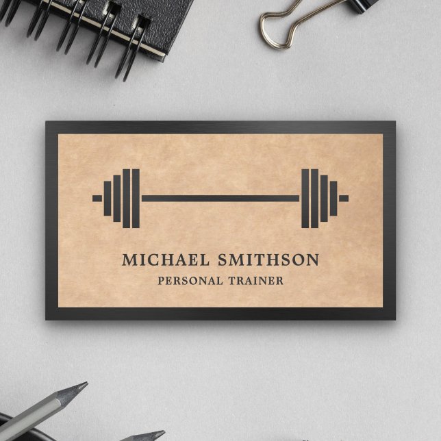 Rustic Kraft Barbell Fitness Personal Trainer Business Card (Creator Uploaded)