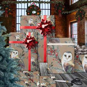 Rustic Kraft Barn Owls In A Juniper Tree Woodland Wrapping Paper
