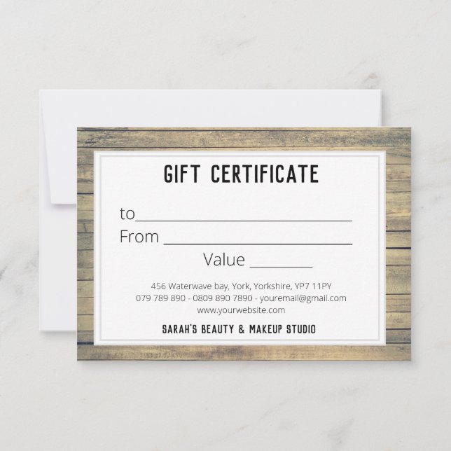 Rustic Kraft Beach Wash Custom Gift Certificate  (Back)