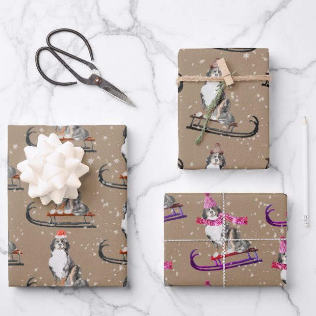 Rustic Kraft Bernese Dogs Sledding Around Wrapping Paper Sheet (Front)