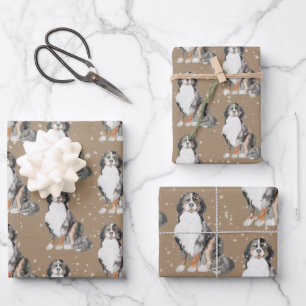 Rustic Kraft Bernese Dogs Under A Dusting Of Snow Wrapping Paper Sheet