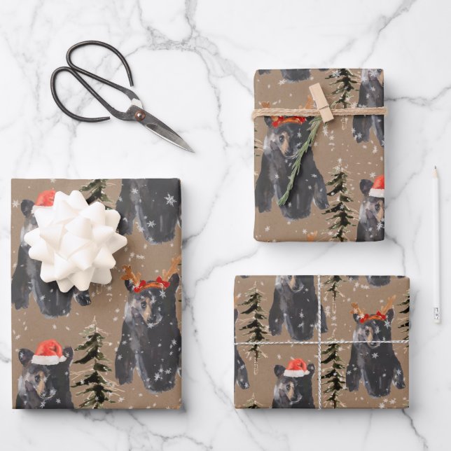 Rustic Kraft Black Bear Christmas Cubs Wrapping Paper Sheet (Front)