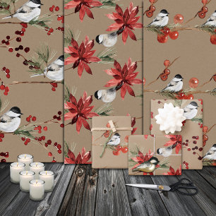Rustic Kraft Black Cap Chickadee Birds & Berries  Wrapping Paper Sheet