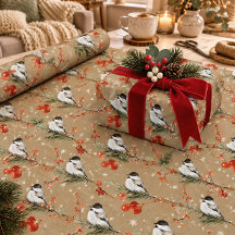 Rustic Kraft Black Cap Chickadees Red Ilex Berries