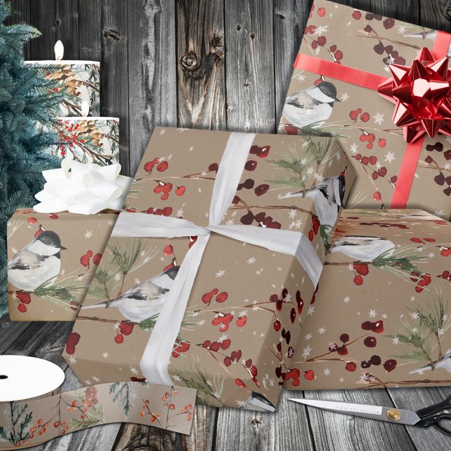 Rustic Kraft Black Cap Chickadees Red Ilex Berries Wrapping Paper (Creator Uploaded)
