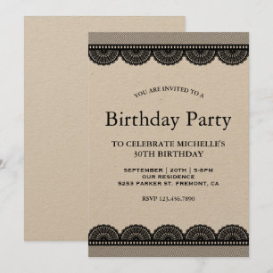 Rustic Kraft Black Country Lace Birthday Party Invitation