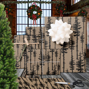 Rustic Kraft Black Eastern Pine Woodland Forest Wrapping Paper Sheet