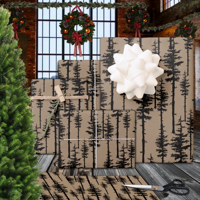 Rustic Kraft Black Eastern Pine Woodland Forest Wrapping Paper Sheet (Rustic Kraft Black Eastern Pine Woodland Forest Christmas Holiday Gift Wrapping Paper Sheets)