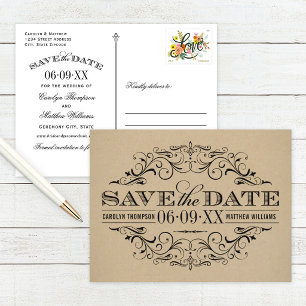 Rustic Kraft Black Flourish Vintage Save the Date Announcement Postcard