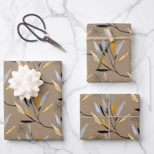 Rustic Kraft Black Gold Floral Winter Greenery Wrapping Paper Sheet