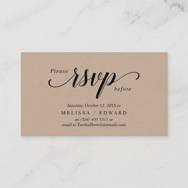 Rustic Kraft, Black Script, RSVP respond Enclosure Card (Front)