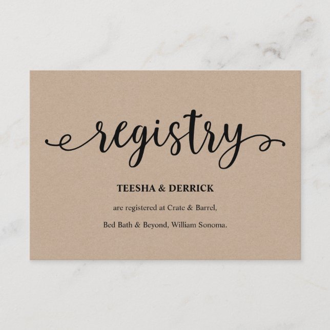 Rustic kraft black script, Wedding Registry Enclosure Card (Front)