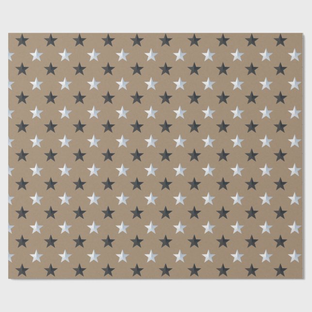 Rustic Kraft Black Silver Stars Holiday Wrapping Paper (Flat)