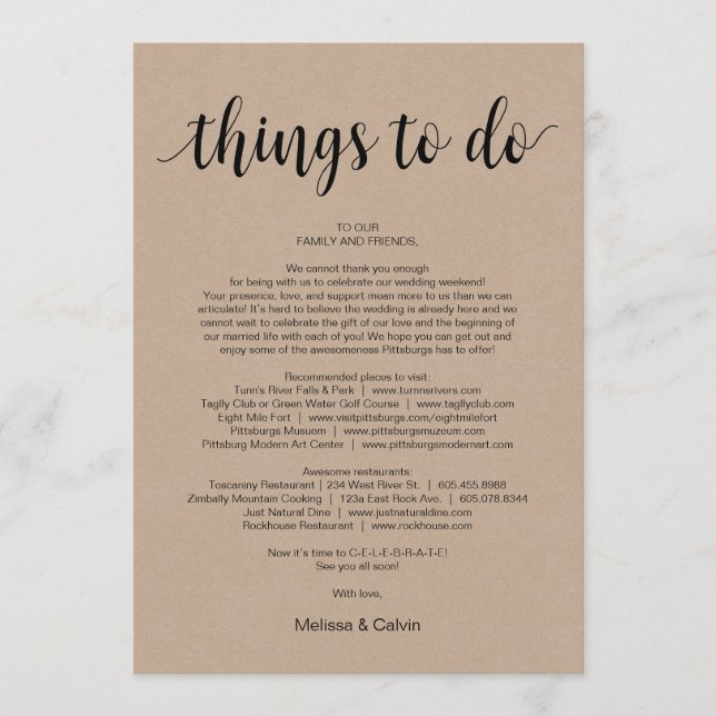 Rustic Kraft, Black, Things to do, Itinerary Card (Front)
