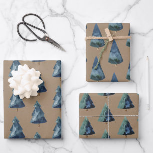 Rustic Kraft Blue & Green Spruce Trees Wrapping Paper Sheet