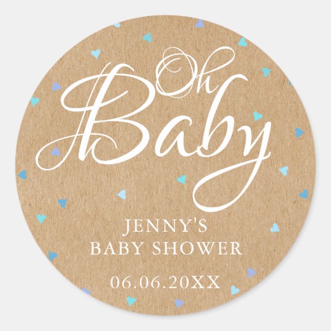 Rustic Kraft Blue Hearts Oh Baby baby shower Classic Round Sticker (Front)