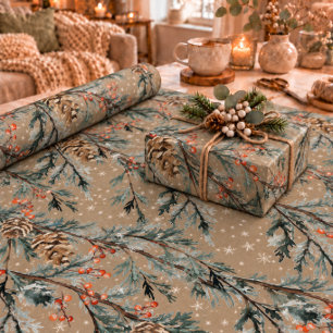 Rustic Kraft Blue Juniper Branches Cones & Berries Wrapping Paper