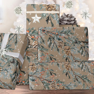 Rustic Kraft Blue Juniper Branches Cones & Berries Wrapping Paper