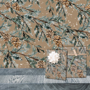 Rustic Kraft Blue Juniper Tree Branches And Cones Wrapping Paper Sheet