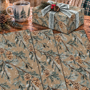 Rustic Kraft Blue Juniper Tree Branches And Cones Wrapping Paper Sheet