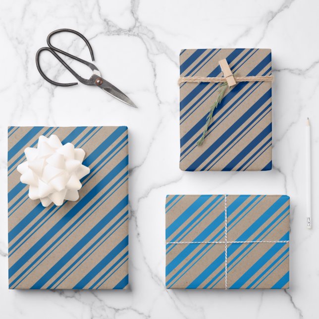 Rustic Kraft Blue Navy Capri Blue Candy Stripes Wrapping Paper Sheet (Front)