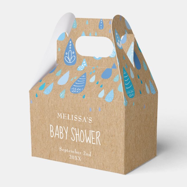 Rustic Kraft Blue Raindrops Baby Shower Favour Box (Front Side)