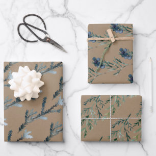 Rustic Kraft Blue Spruce Juniper Branches Berries Wrapping Paper Sheet