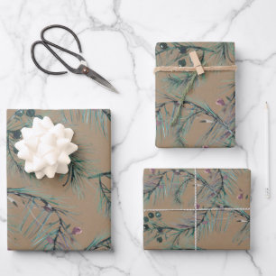 Rustic Kraft Blue Spruce Needles & Berries Wrapping Paper Sheet