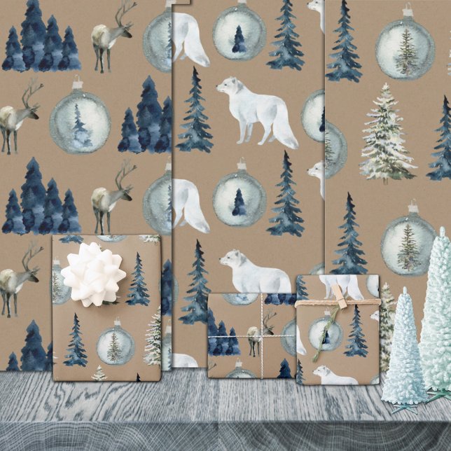 Rustic Kraft Blue Spruce Tree Arctic Fox Reindeer Wrapping Paper Sheet (Rustic Kraft Blue Spruce Tree Arctic Fox Reindeer Christmas Holiday Wrapping Paper Sheets Trio)