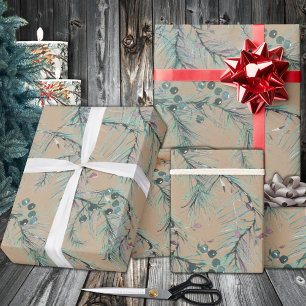 Rustic Kraft Blue Spruce Tree Needles & Berries Wrapping Paper