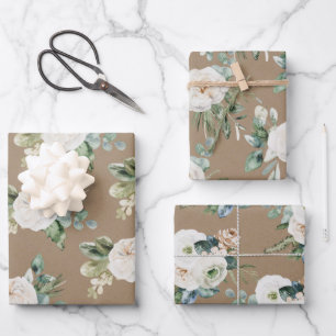 Rustic Kraft Blue Spruce White Floral Greenery Wrapping Paper Sheet