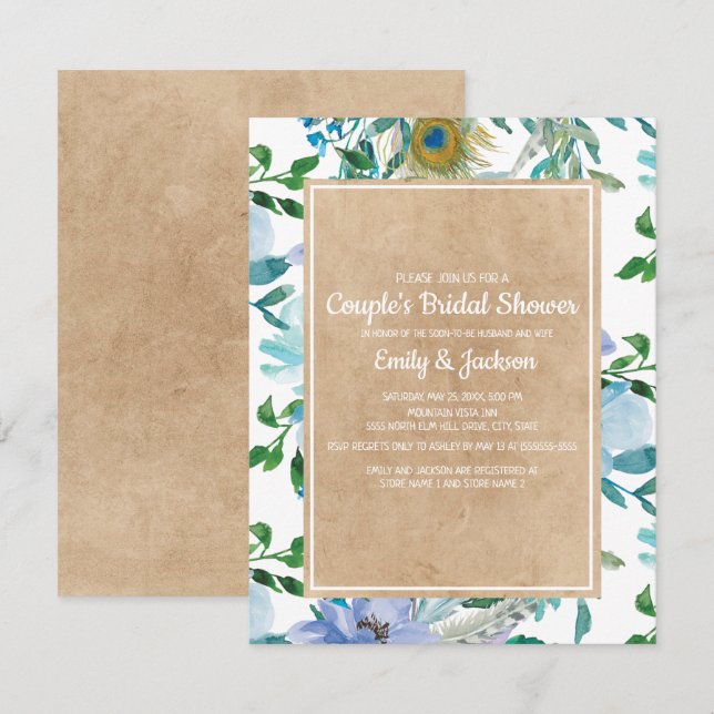 Rustic Kraft Blue White Floral Couple's Bridal Invitation (Front/Back)