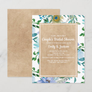 Rustic Kraft Blue White Floral Couple's Bridal Invitation