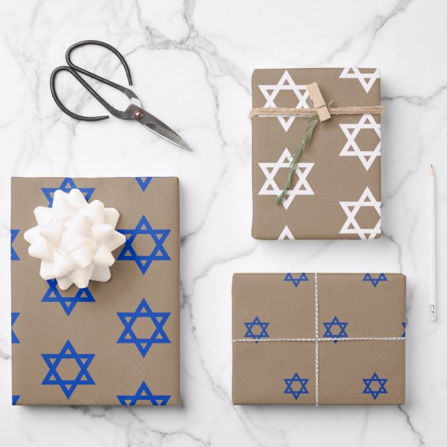 Rustic Kraft Blue & White Star Of David Wrapping Paper Sheet (Front)