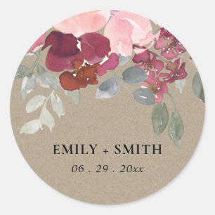 RUSTIC KRAFT BLUSH BURGUNDY ROSE FLORAL WEDDING CLASSIC ROUND STICKER