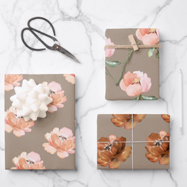 Rustic Kraft Blush Peach And Cognac Flowers Wrapping Paper Sheet (Front)