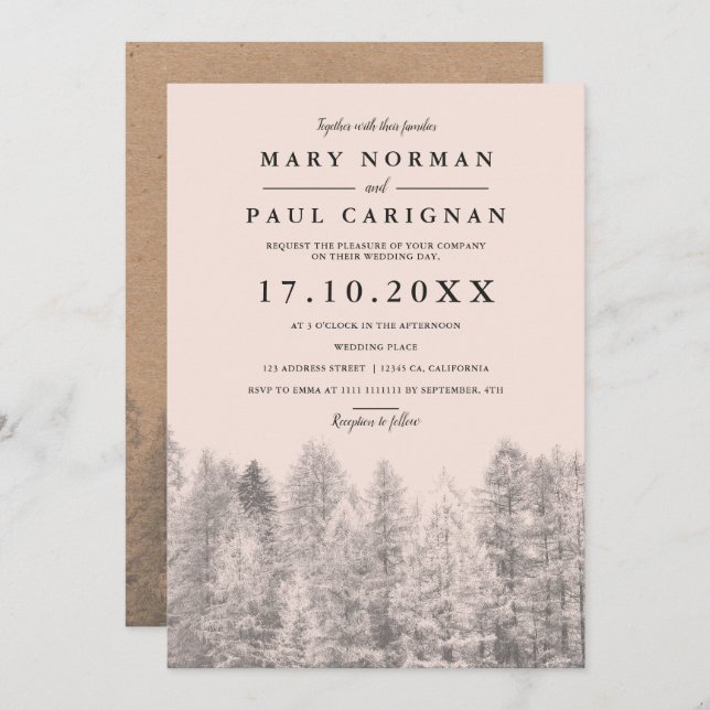 Rustic kraft blush pine trees forest wedding invitation (Front/Back)