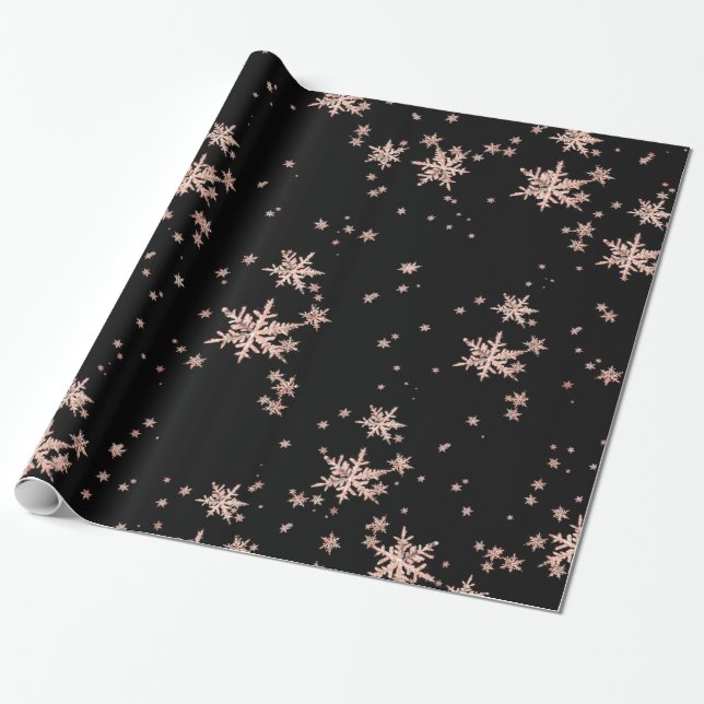 Rustic Kraft Blush Pink Gold Snowflakes Black Wrapping Paper (Unrolled)