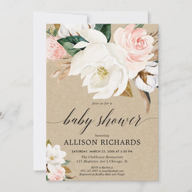 Rustic kraft blush pink magnolia girl baby shower invitation (Front)
