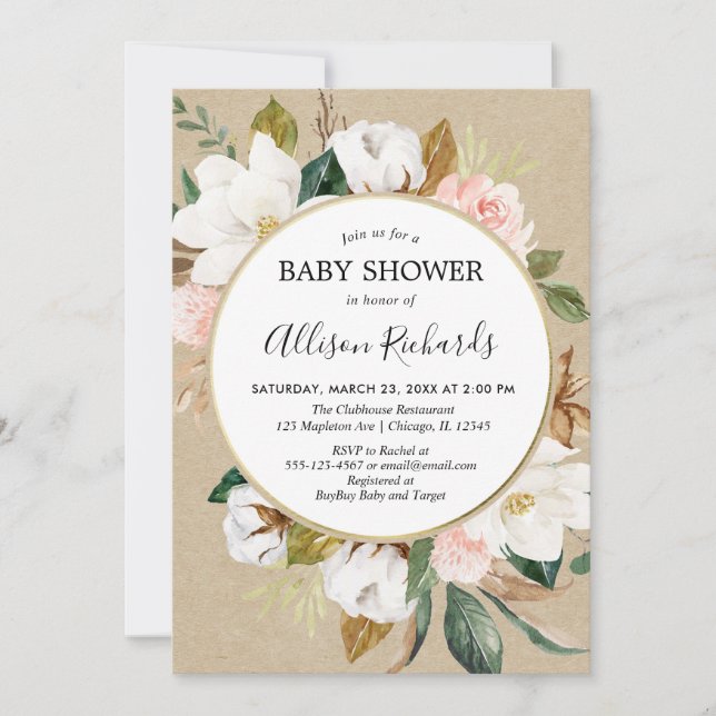 Rustic kraft blush pink white magnolia floral girl invitation (Front)