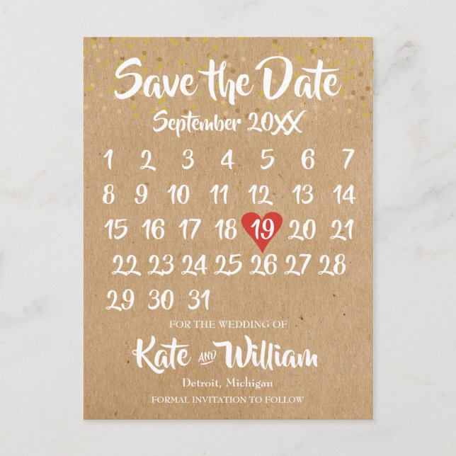 Rustic Kraft Boho Calendar Save the Date Photo Announcement Postcard (Front)