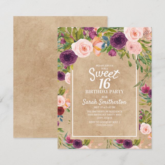 Rustic Kraft Boho Plum Blush Floral Sweet 16 Invitation (Front/Back)