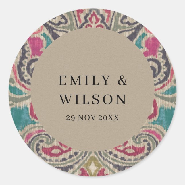 RUSTIC KRAFT BOHO TRIBAL IKAT PINK TEAL WEDDING  CLASSIC ROUND STICKER (Front)