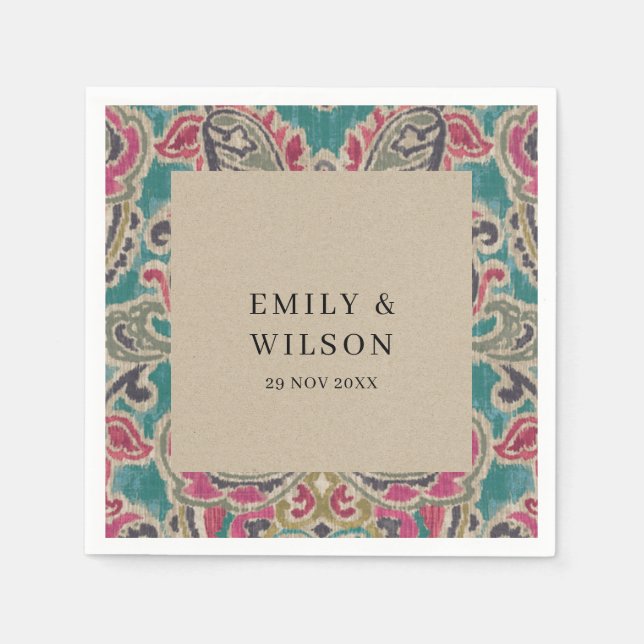 RUSTIC KRAFT BOHO TRIBAL IKAT PINK TEAL WEDDING  N NAPKIN (Front)
