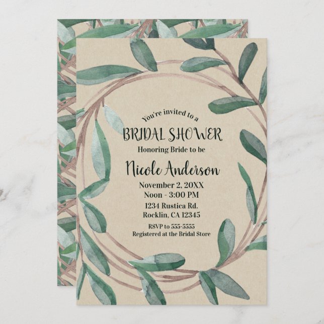 Rustic Kraft Botanical Wreath Leaf Bridal Shower Invitation (Front/Back)
