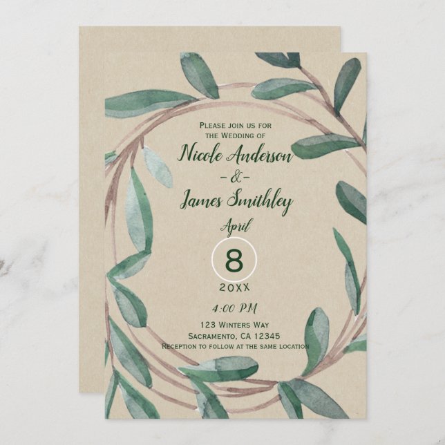 Rustic Kraft Botanical Wreath Leaf Wedding Invitation (Front/Back)
